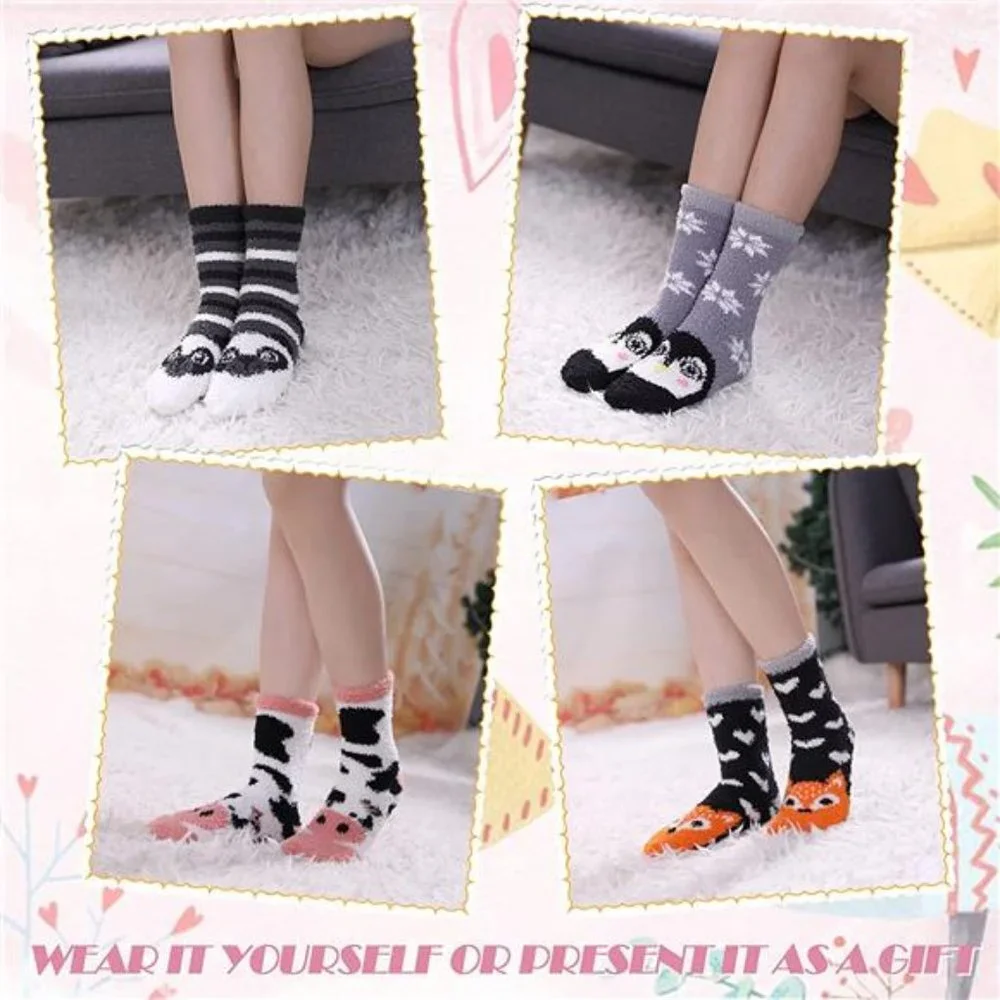 6 Pair Women's Animal Soft Warm Microfiber Cozy Fluffy Winter Slipper Socks